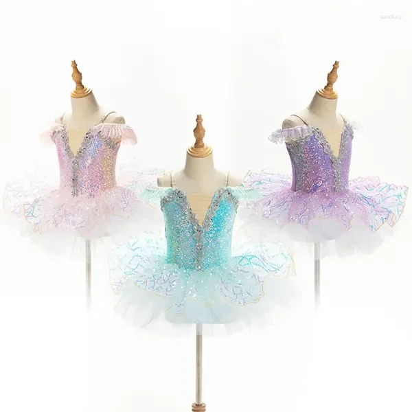 Bühnenkleidung Tutu Kinder Mädchen Pailletten Himmelblau Prinzessin Performance Kleid Modern Dance Party