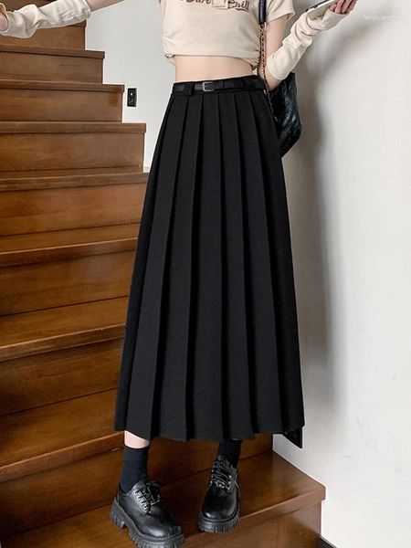 Röcke BabYoung Ein langer, eleganter Damenanzug mit 2023 Gürtel, Frühling, einfach solide Linie, hohe Metallfalten, mittlere weibliche Rocklänge