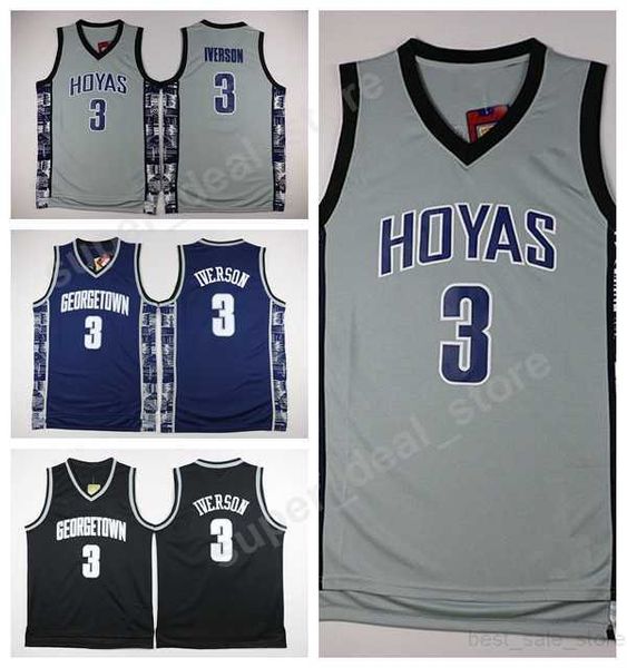 Jerseys de Georgetown Hoyas College Black Black Grey costura de basquete 3 Allen Iverson Jerseys Men Sport Atacades