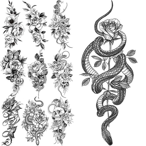 Temporäre Tattoos Schlangenblume Temporäre Tattoos für Frauen Mädchen realistischer Schmetterling Brief kleine Rose Fake Tattoo Aufkleber Unterarm Taille Tatoos Z0403