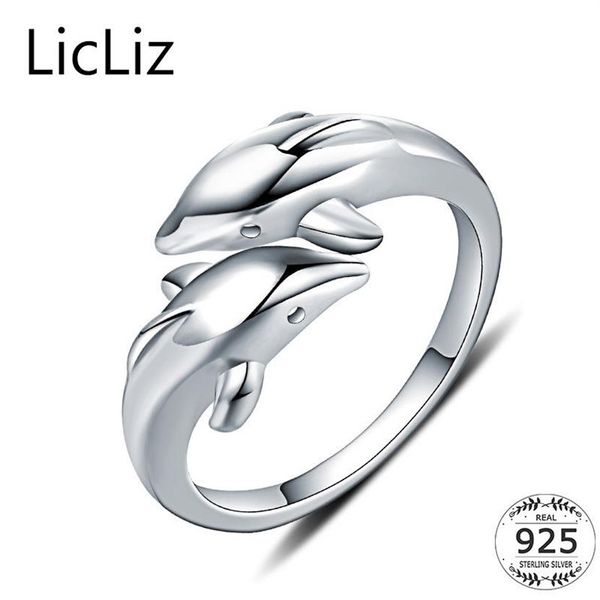 LicLiz Echt 925 Sterling Silber Tier Ringe Für Frauen Finger Band Delphin Ring Plain Offene Einstellbare Ringe Anillos Mujer LR0409 S276T