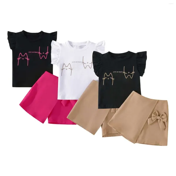 Set di abbigliamento Ragazza del bambino Top a maniche corte Cartone animato stampato Pantaloncini con fiocco Completo Abito estivo per bambini Taglia 6 Vestiti per bambini