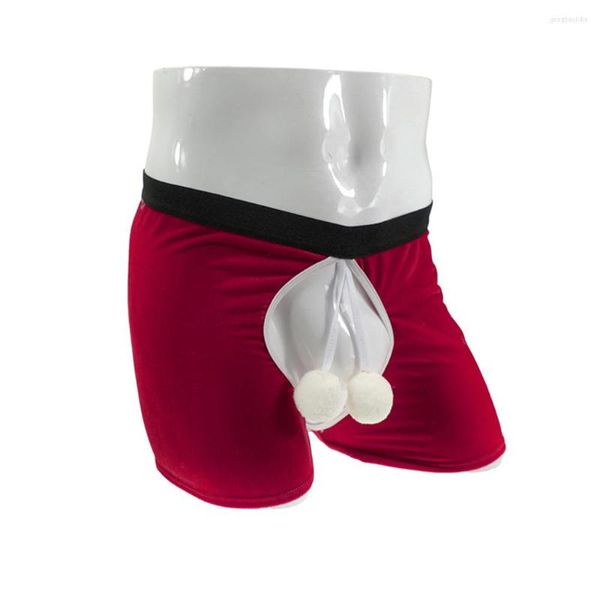 Уничтоженные банки мужские боксерские шорты Пушистый дизайн мяча сексуальное нижнее белье Открытое промечка бархата без промежности эластичные трусики красные