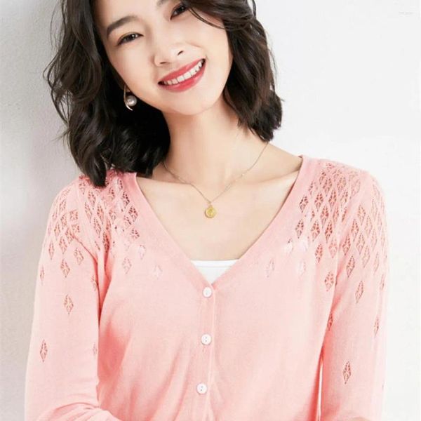 Malhas femininas rosa amor verão cardigans para mulheres meia curta mangas compridas malhas finas tops camisola jaqueta de seda gelo blusa de moda coreana