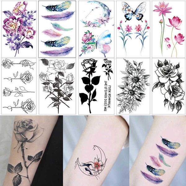 Tatuagens temporárias Flores à prova d'água Tattoo temporário Adesivo Butterfly Rose Padrão de água Transferência de água sob o corpo da flor do ombro Fake Tattoo Z0403