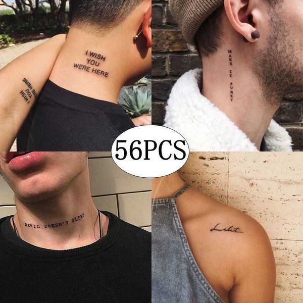 Temporäre Tattoos, 56 Blatt, wasserdicht, temporärer Tattoo-Aufkleber, schwarzer Teufel, schläft nicht, englische Buchstaben, Tatoo, gefälschte Tatto, Hals, Handgelenk, für Frauen, Männer, Z0403