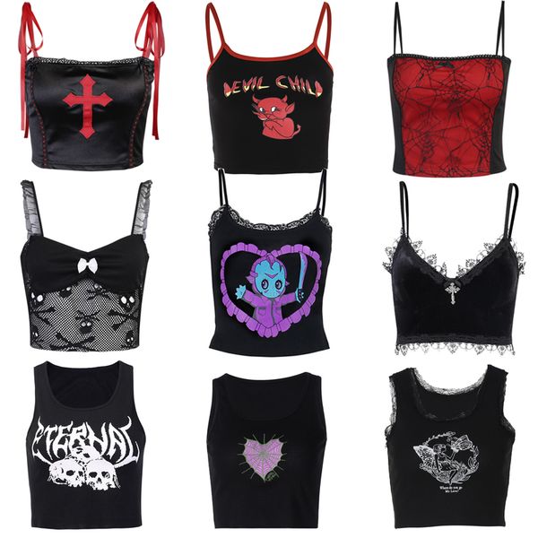 Canottiere Canottiere Egirl Gothic Grunge Corsetto Crop Top Vintage Donna Lace Trim Nero Cami Harajuku Retro Mini Vest Punk Style Emo Alt Abbigliamento 230403