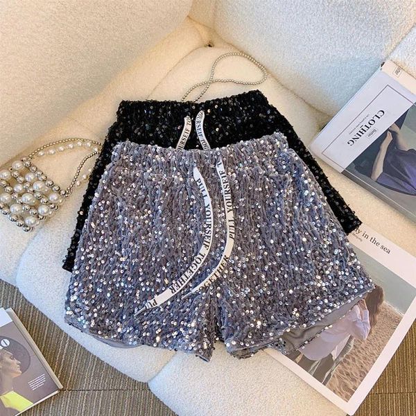 Pantaloncini da donna con lettera con coulisse impiombato per le donne Pantaloncini corti da donna onnipotenti sexy con paillettes glitterate in vita elastica