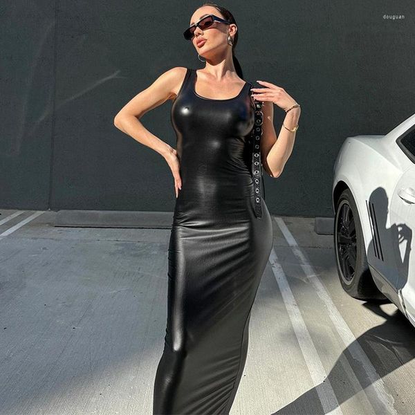 Günlük elbiseler pu deri siyah bodycon club parti maxi tank elbise kadınlar yaz seksi kolsuz sırtsız uzun vestido plaj tatil