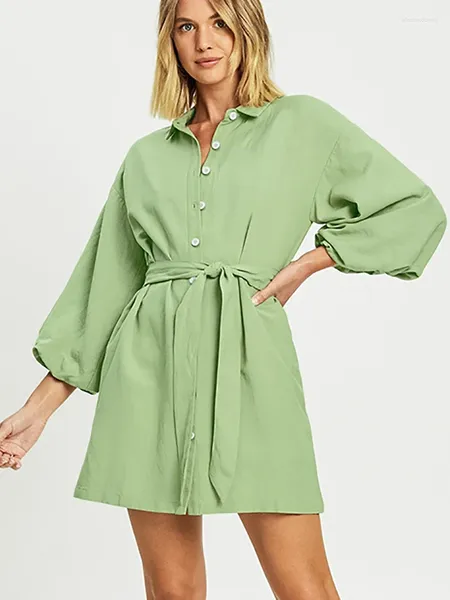 Женская одежда для сна Linad, зеленая пижама для женщин, повседневная женская свободная одежда с рукавом три четверти, осень 2023, ночная рубашка с поясом, однотонная домашняя одежда