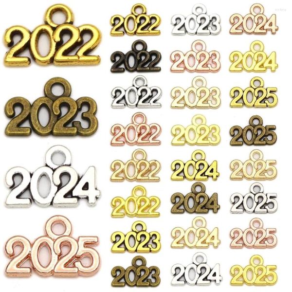 Encantos 2023 2024 2025 ano metal liga número pingentes para fazer jóias ouro prata bronze cor 50 pçs 9x14mm