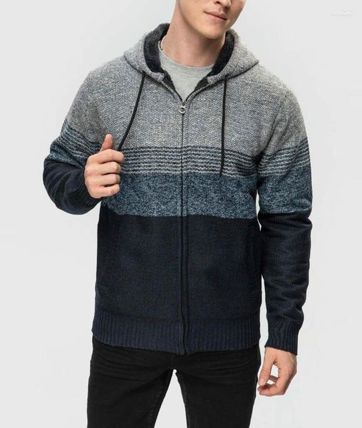 Herrenpullover 897504629 Herren FASHIONSPARK Irish Cable Strick-Hoodie-Pullover mit durchgehendem Reißverschluss, Cardigan, farbblockierte, gestreifte Jacke, schmale Passform