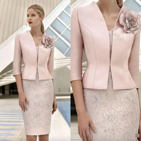 2023 Rosa Kleider für die Brautmutter mit Jacke, 3/4-Ärmel, Spitze, applizierte Blumen, Hochzeitsgastkleid, knielang, Mutter-Outfit, Abschlussball