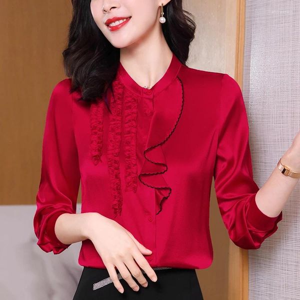 Damenblusen, echtes Seidensatin-Hemd, rot, weiß, Vintage-Hemden, langärmelig, elegante Mode für Damen, Tops, Büro-Dame-Bluse