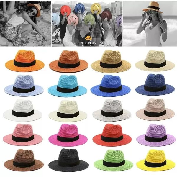 Strandhut Panama Strohhüte mit breiter Krempe Partybevorzugung Reine Farbe Sonnenschutzkappe Sommer Sonnenhut Reise Outdoor Caps 1103