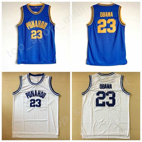 Punahou 23 Barack Obama Jersey Herren High School College Obama Basketballtrikots Günstiges Team Blaue Farbe Weiß Auswärtssport