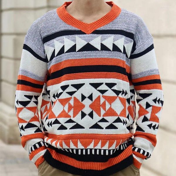 Мужские свитера, жаккардовый вязаный свитер, осенне-зимний пуловер с длинным рукавом и v-образным вырезом, повседневный мужской винтажный свитер с геометрическим рисунком