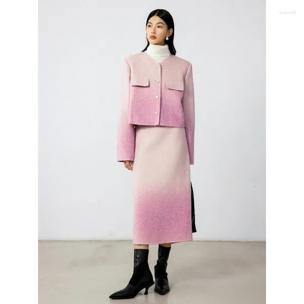 Sıradan Elbiseler 2023 Sonbahar/Kış All-Wool Gradyan Zarif Parti Moda Lüks Ceket Tasarım Suyu Çift Taraflı İki Parçalı Etek Ceket