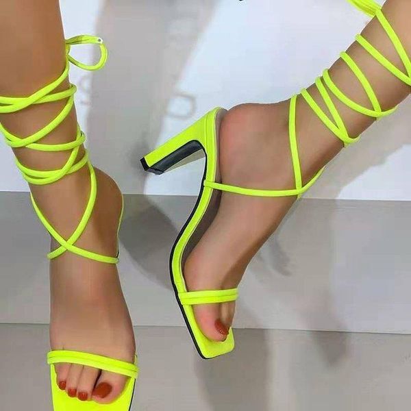 Sandali verde arancione con lacci sexy per le donne Scarpe estive con tacco alto Sandalo con punta quadrata Taglia grande 43