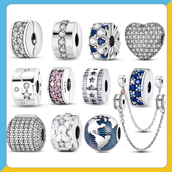 925 Silber Fit Pandora Original Charms DIY Anhänger Frauen Armbänder Perlen Glänzend CZ Herz Clip Charm Blume Perle Safey Kettenstopper