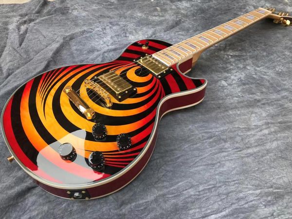 Embutimento no braço da guitarra elétrica preto, vermelho e laranja mosqueado MOP