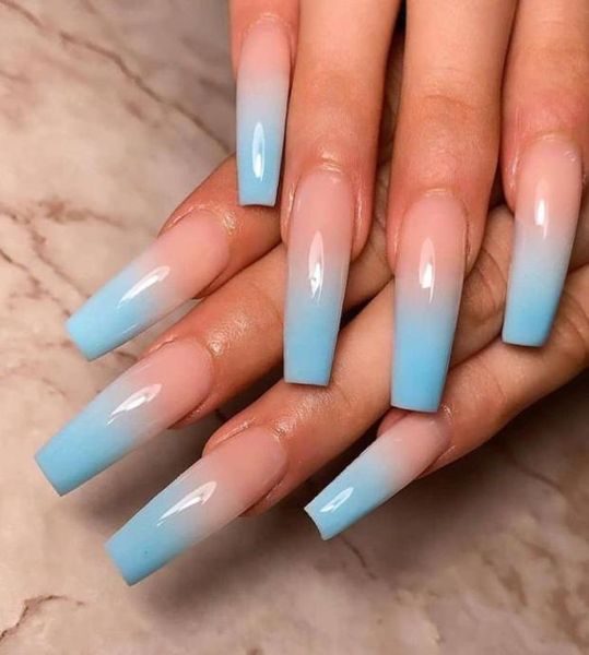 24 peças prensa em unhas caixão longo gradientes de balé azul manicure remendo unhas artificiais com cola para meninas 5882236