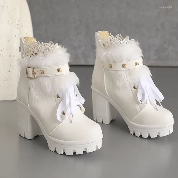 Stiefel Winter 2023 Süße Lolita Stil Cosplay Pelz Knöchel Prinzessin Ferse Plattform Kreuz-gebunden Gürtel Schnalle Botas Party Schuhe mädchen