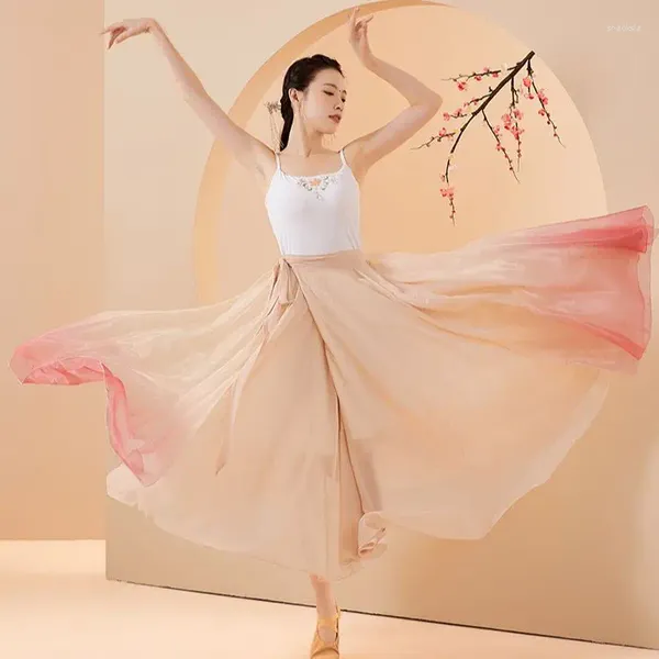Palco desgaste saia de dança clássica mulheres folk ballet prática 720 graus gradiente de uma peça lace-up envoltório desempenho traje