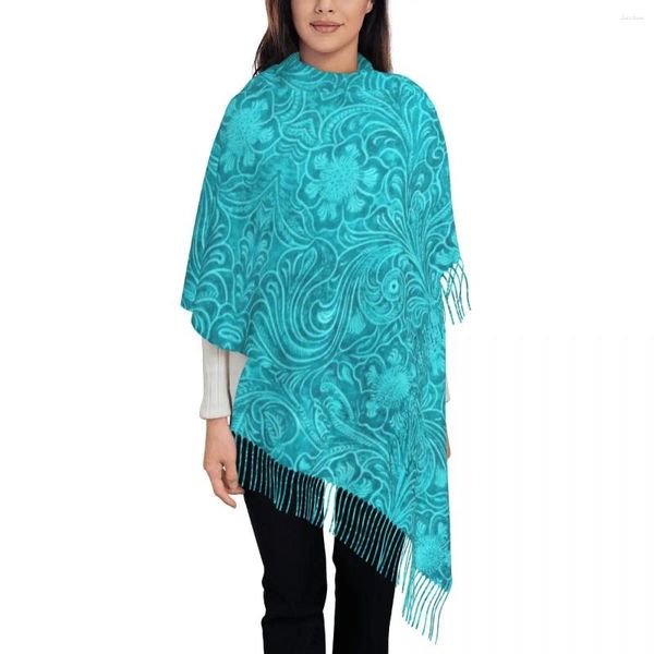 Шарфы, модный бирюзовый кожаный шарф с текстурой и кисточками, женский зимний теплый платок, женский тисненый цветочный узор