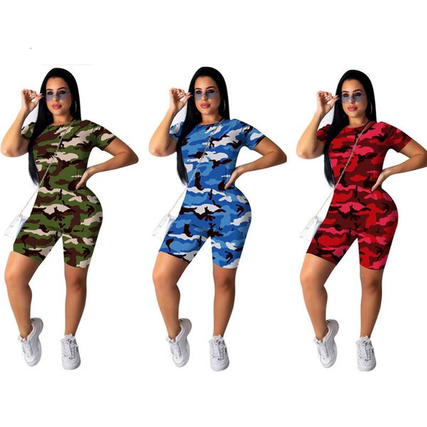 Damen zweiteilige Hose Damen Casual zweiteilige Kleidung Set Camouflage bedrucktes Muster Kurzarm Top Shorts Blau Armeegrün Rot Lady Shorts Anzug 230331