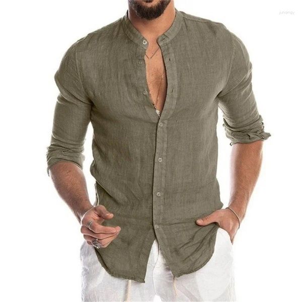 Camicie casual da uomo Camicia tinta unita alla moda Pullover con bottoni in cotone di lino Comodo top quotidiano a maniche lunghe