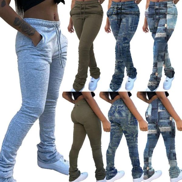 Calças femininas 20023 roupas casuais moda all-match câmera sem espelho cintura alta imitação denim impresso pilha de cordão