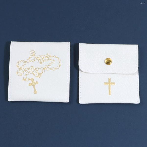Geschenkverpackung 1 Stück weißes Leder Metallknopf Schmuckbeutel Kreuz auf Muster Halskette Ohrringe christliche Verpackung Aufbewahrungsbeutel 8x8cm