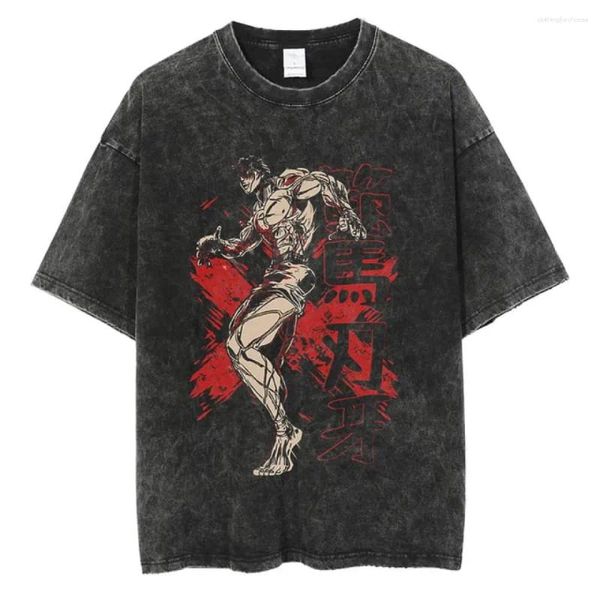 Camiseta masculina baki hanma camiseta anime lavado vintage yujiro dou manga tshirts hip hop streetwear oversized manga curta topos unisex