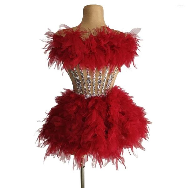 Abbigliamento da palcoscenico Costume da donna rosso per performance Carnevale Rave Festival Cristalli scintillanti Festa di compleanno Spettacolo di Las Vegas Nightclub