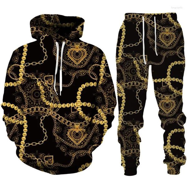 Tracksuits masculinos Boutique Golden Chain 3D Imprimir Mulheres Hoodie / Calças / Set Primavera Outono Manga Longa Tracksuit Outfits Casal Streetwear Jogging