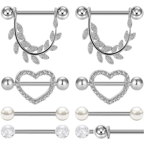 Anelli per la lingua 4 paia Anello per capezzolo Piercing Gioielli per il corpo Bilanciere Cubic Zirconia Foglia a forma di cuore Per le donne Ragazze Drop Delivery Dhgarden Dh5An