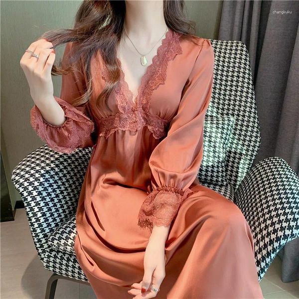 Pijamas femininos sexy princesa dormir saia manga longa vestido de renda casa cor sólida camisola loungewear