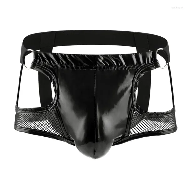 Cuecas Sexy Malha Boxers Shorts Homens Respirável Transparente PU Couro Aberto Voltar Hip Sem Costura Homens Underwear Bolsa Convexa