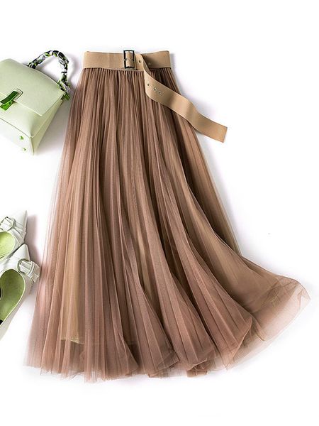 Röcke Hohe Taille Lange Tüllröcke Damen Sommer Jupe Mode mit Gürtel A-Linie Süßer Mesh-Faltenrock Weibliche Wadenmitte Linning 230331
