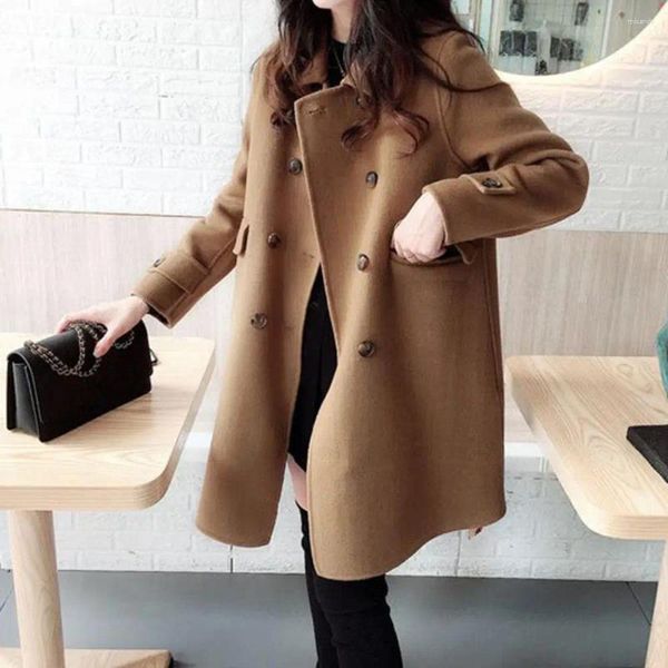 Jaquetas femininas Mulheres Casaco Longo Vinatge Woolen Elegante Vintage-Inspirado Trench Coats Double-breasted Tecido Quente para Queda