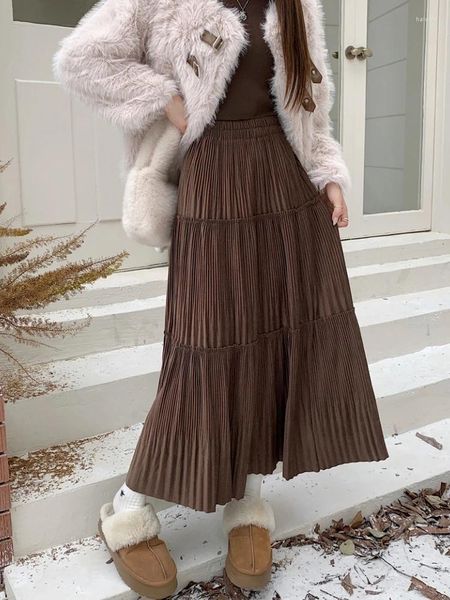 Röcke 2023 Herbst Winter Faltige Falten Rock Frauen Samt Koreanische Vintage Hohe Taille Mid Lange Midi Falda Plisada