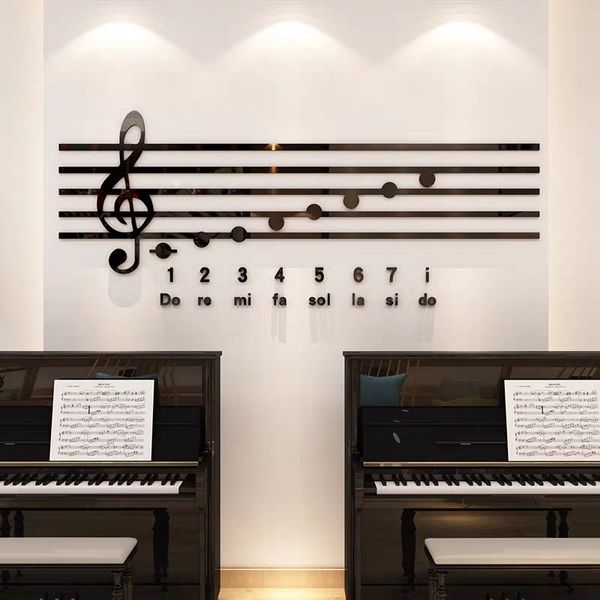 Adesivos de parede Notas de piano Notas de parede acrílica Música de aula Diy Art Decoração de parede Treinamento de aula Espelho 3D Decalque decoração 230403