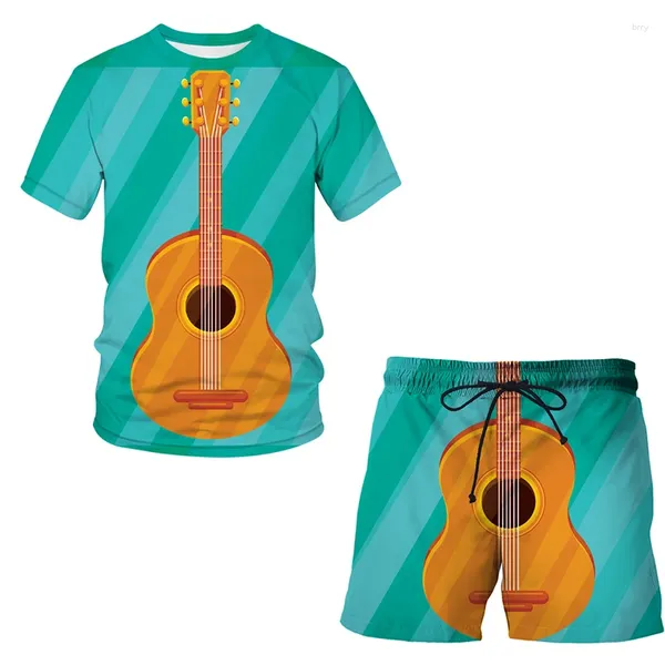 Fatos de treino masculino casual 3d conjunto camiseta impressão instrumento musical guitarra roupas ao ar livre shorts de manga curta 2 peças