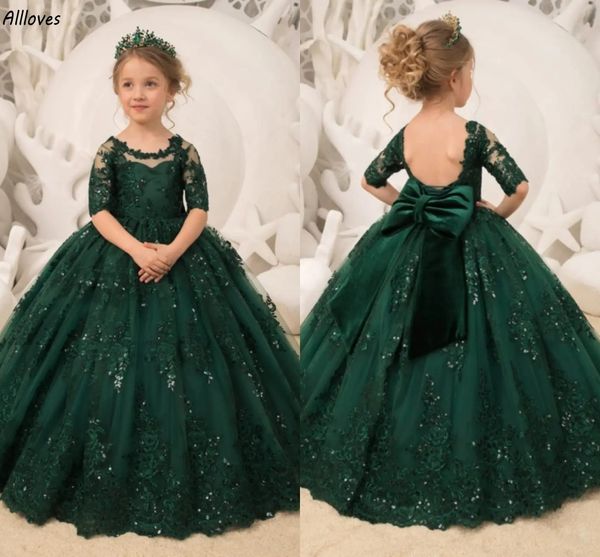 Abito da principessa con paillettes verde scuro in pizzo con paillettes Abiti da spettacolo per bambina O-Collo Mezze maniche Abiti da cerimonia per bambini Abiti da cerimonia per bambina con fiocco senza schienale CL2877