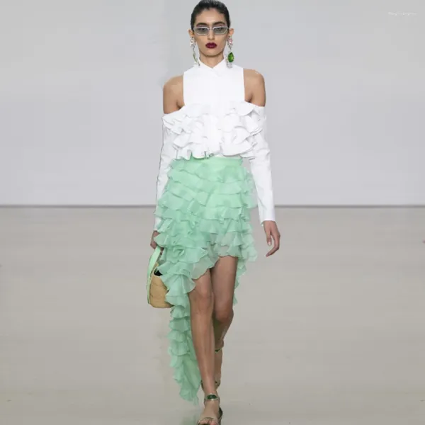 Юбки высокого класса, мятно-зеленая органза, асимметричная женская летняя юбка, пышная многоуровневая юбка до щиколотки, женская макси на заказ