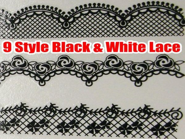 18 pz Nero Bianco Pizzo Nail Art Acqua Decalcomanie Trasferimenti Trasferimenti DECAL Nail Art Wrap Avvolge Sexy Striscia Tattoo PER NATURAL FALSE 1198901