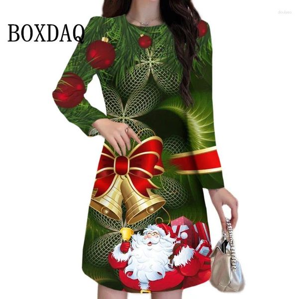 Vestidos casuales Mujeres Mangas largas Vestido 3D Santa Claus Impresión Elegante Moda Linda Mujer Ropa Invierno Fiesta de Navidad de gran tamaño