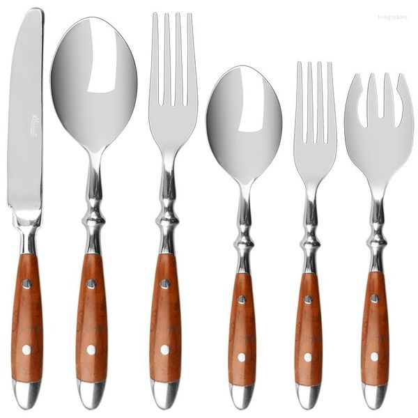 Set di stoviglie Posate in acciaio inossidabile Coltelli da bistecca Forchetta Cucchiaio da insalata Manico in legno Posate stile Laguiole