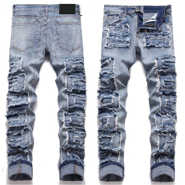 Yeni Moda Erkek Robin Ripper Jeans Denim Pantolon Sıska Fit İnce Streç Erkekler Miri Biker Jean Pantsers Patchwork Sıkıntılı Gri Yama Moto Giyim